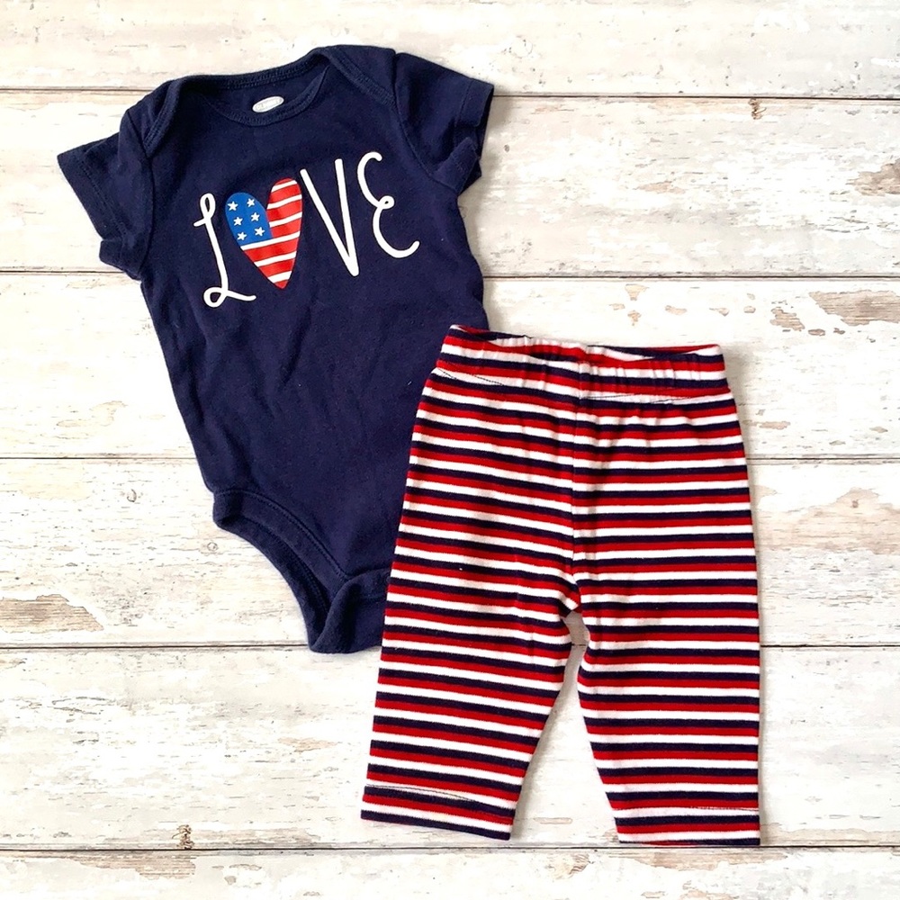 Baby Girl 3-6m Patriotic 4th July Outfit Old Navy Blue Onesie Stripe Pants 3m 6m
